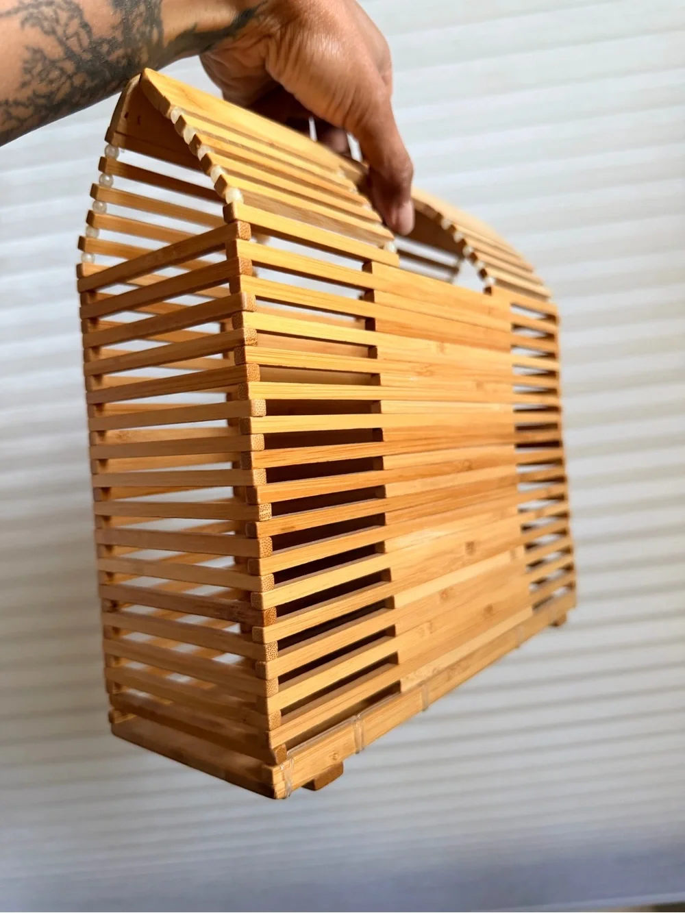 Natural Bamboo Architectural Top Handle Tote Coastal Minimalist Statement Purse